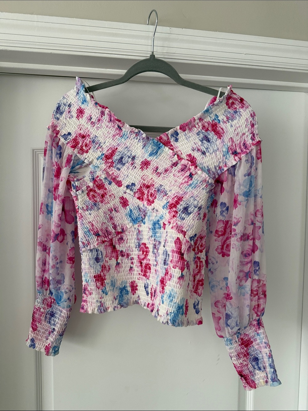 BB Dakota by Steve Madden Floral Smocked Off-Shoulder Top - Pink Blue